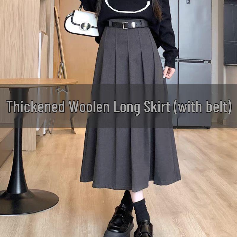 High Waist Woolen A-line Pleated Midi Skirt for Women - Autumn/Winter 2025 Style
