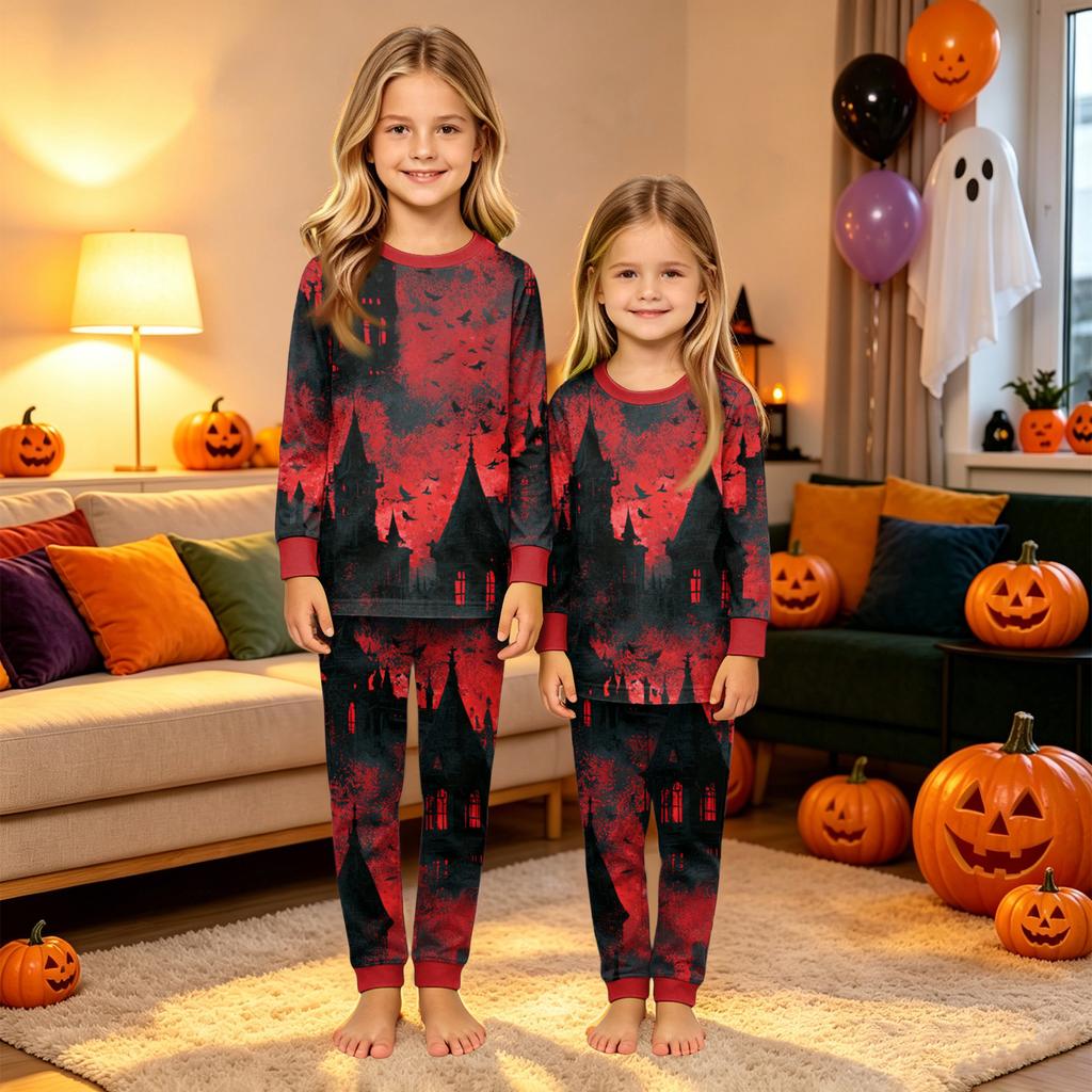 Family Matching Halloween Print Loungewear Set Long Sleeve Top and Pants for Parents and Kids