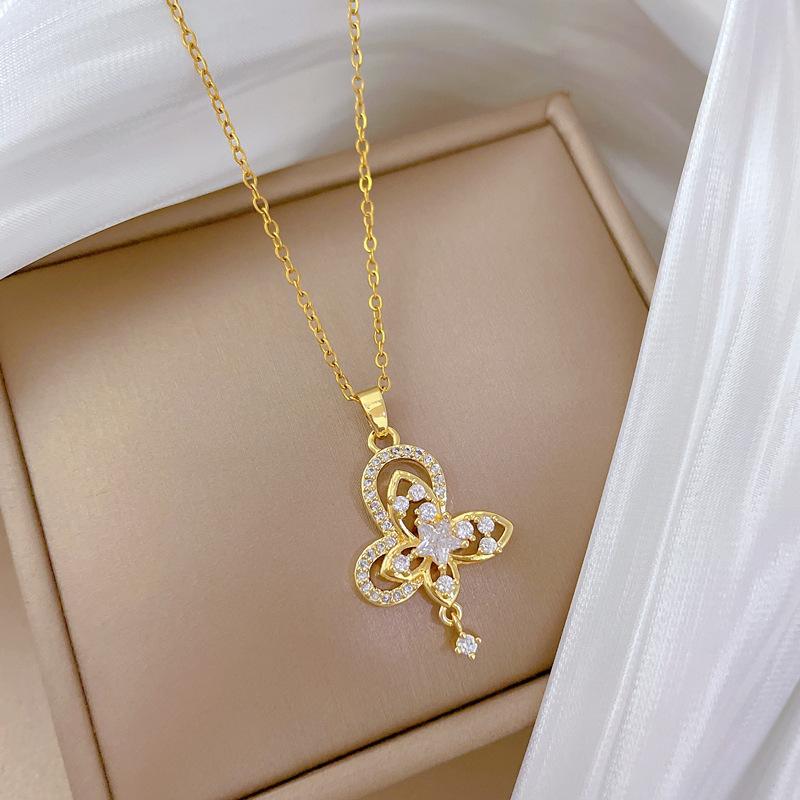 Empty Double-Layer Butterfly Full Diamond Light Luxury Temperament Gorgeous Full Diamond Necklace Female Versatile Collarbone Chain Titanium Steel