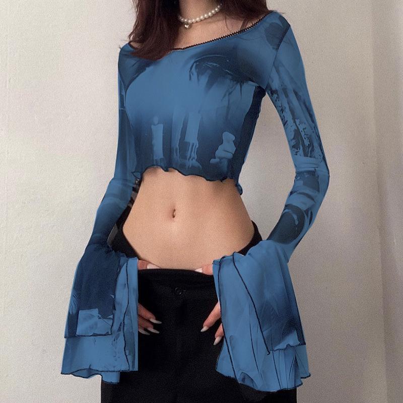 Summer European and American Y2K Mesh Slim Fit Trumpet Long Sleeved Top S синий