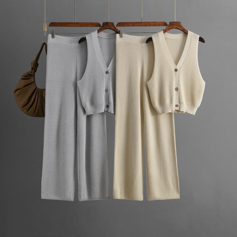 Set Maglia alla Moda da Donna Estivo Scollo a V Canottiera Senza Maniche Pantaloni a Gamba Dritta a Vita Alta Set Due Pezzi