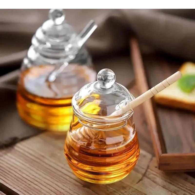 Glass Honey Jar with Lid Transparent Jam Striped Bottle Home Kitchen Storage Container Mixing Rod