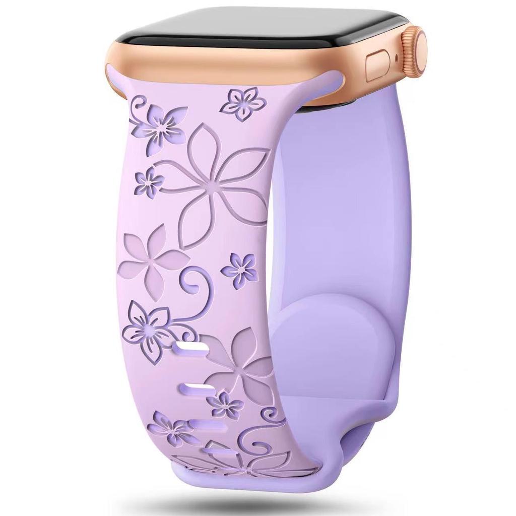 Embossed Floral Silicone Apple Watch Strap: Unisex, Sports, Two-Tone, Infinity Buckle.