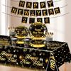 New Year 2026 Black and Gold Party Set: Paper Plates, Napkins, Pull Flag, Tablecloth