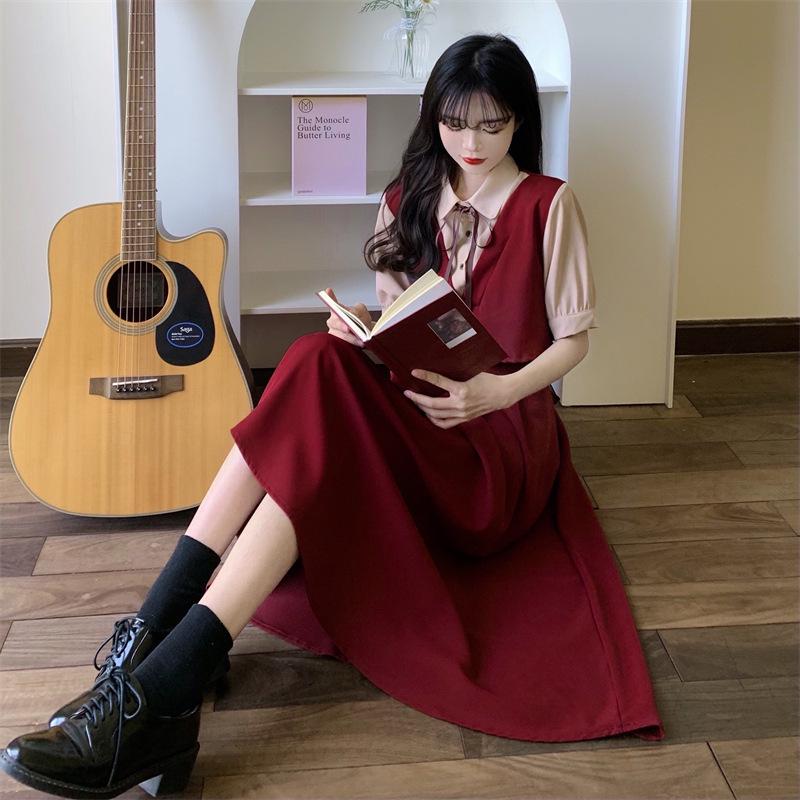 Damen Retro Patchwork Petite Sommerkleid: College-Stil, Kurzärmelig, Übergröße, Lockere Passform, Schlankmachender Zweiteiler-Look