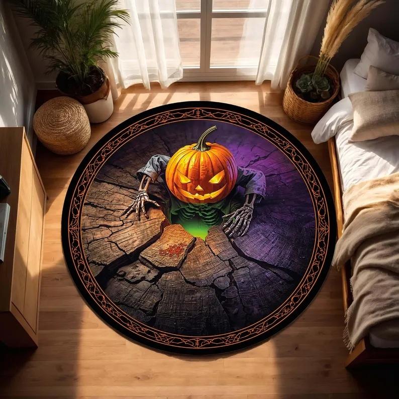 Halloween 3D Skeleton Man In Stone Hole Horror Night Round Carpet Horror Castle Pumpkin Bat Pattern Anti Slip Mat Gift