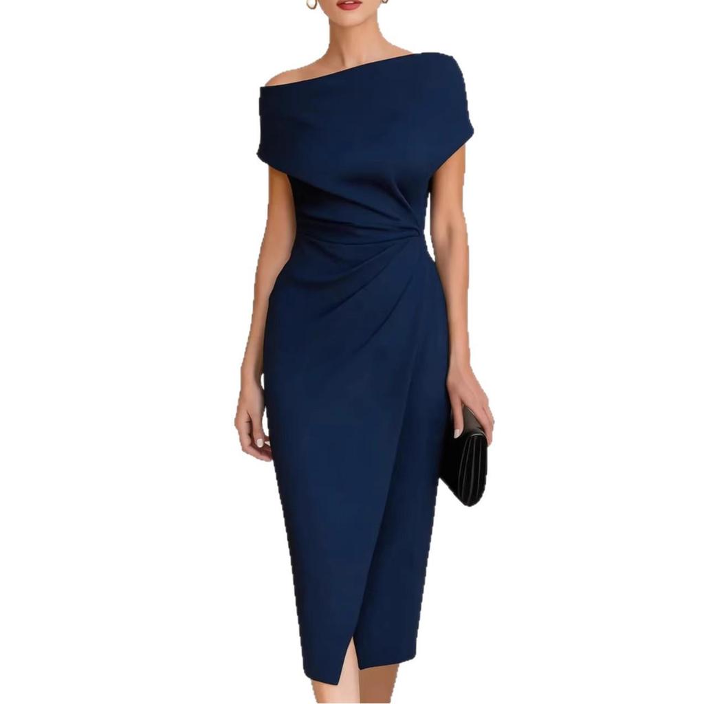 2026 European & American One-Shoulder Waist-Cinched Pleated Slit Evening Gown for Banquets & Commutes