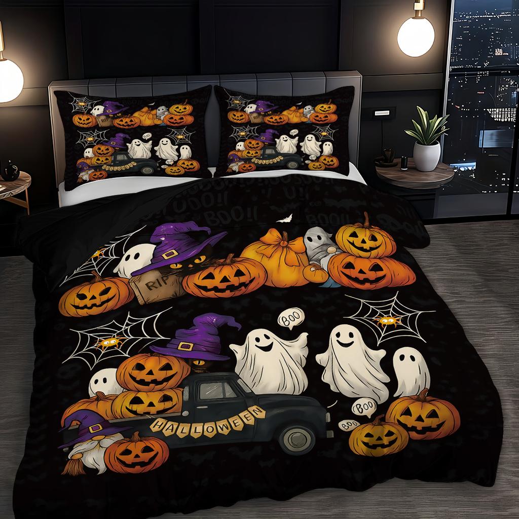 3Pcs Halloween Bedding Set Evil Pumpkin Ghost Cat Design Duvet Cover & Pillowcases Included Perfect Holiday Decor Gift