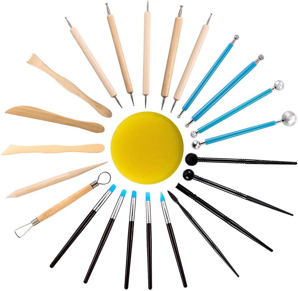 24-Piece Polymer Clay Tool Set: Includes Spherical, Round Sticks, Wooden Carving, and Flower Knives for Model Pottery Crafting.