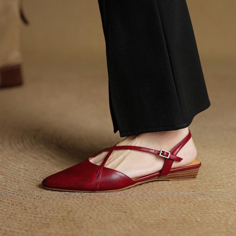 

Summer flat-soled sandals women s new bag head rear empty sandals women s Korean version leather beef tendon soft sole comfortable solid color point 40 бордовый