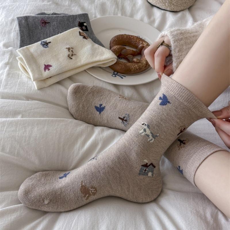 Puppy Cute Kids Grey Cartoon Animal Mid Socks Thickened Wool Socks Warm Pile Socks