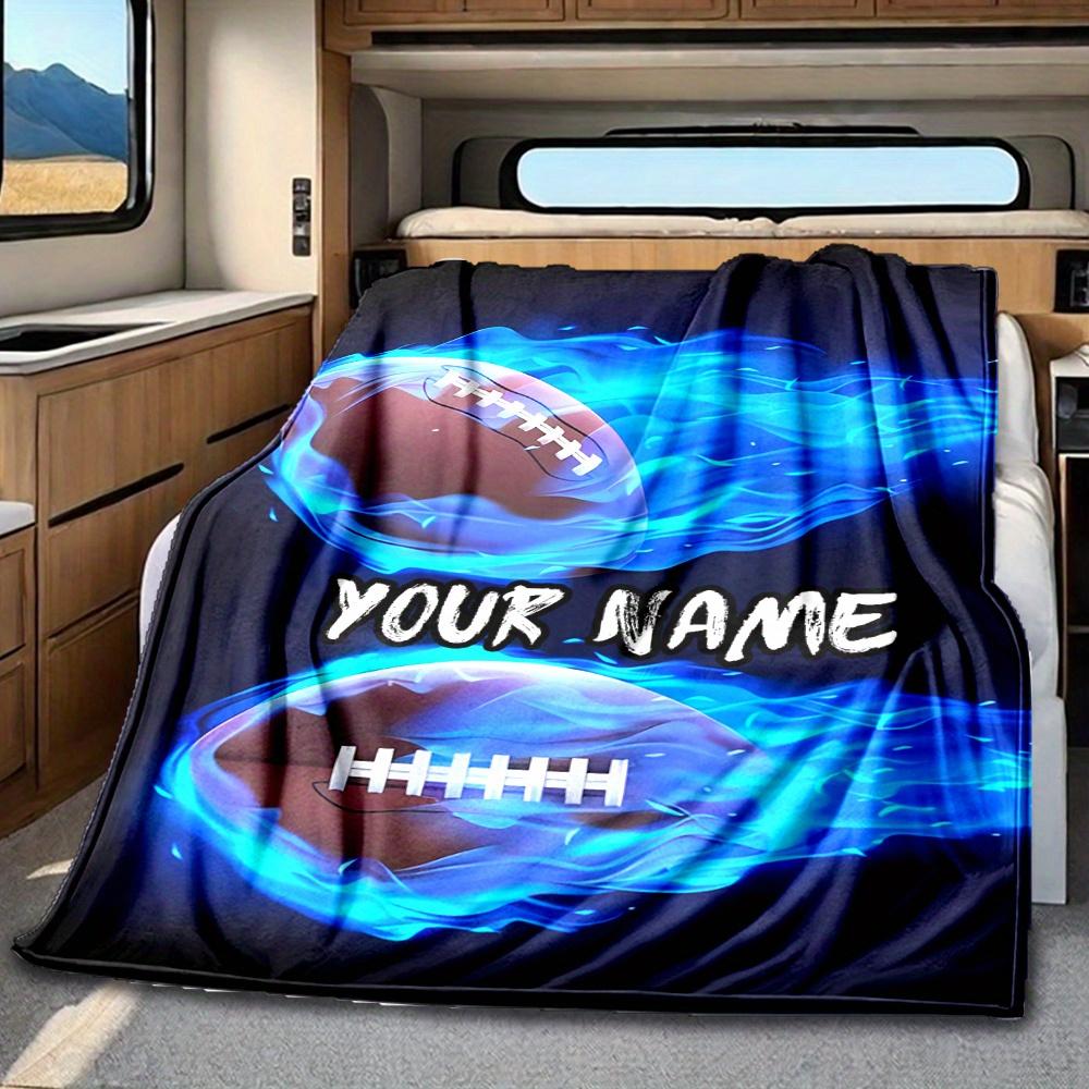Football With Blue Flames Rv Blanketcustomize Your Name Lightweight Comfortable And Stylish Blanket For Rv Travel Bed Home Chair Office Sofa And Rv