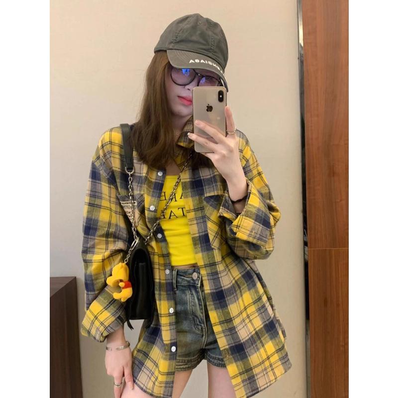 2024 Autumn Women's Versatile Egg Yellow Checkered Patchwork Long Sleeve Jacket