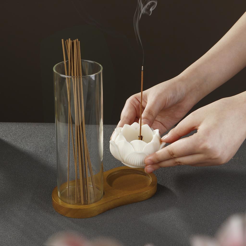 2 In 1 Incense Holder for Sticks Ceramic Lotus Incense Burne with Removable Glass D Incense Sticks Organizer for Yoga Home Decor