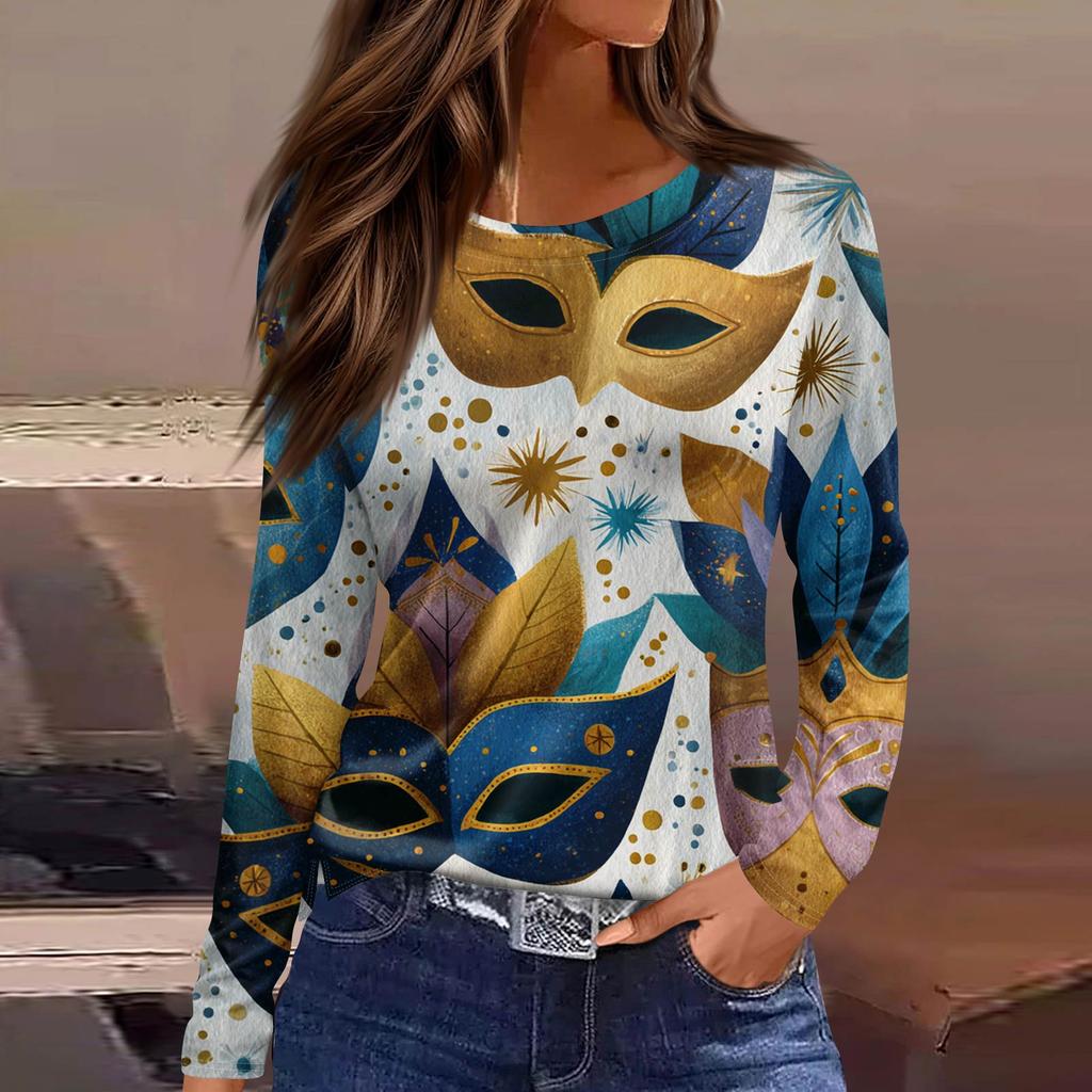 Women's Fashionable Casual Neck Long Sleeve Hem Split Carnival Print T-Shirt Top