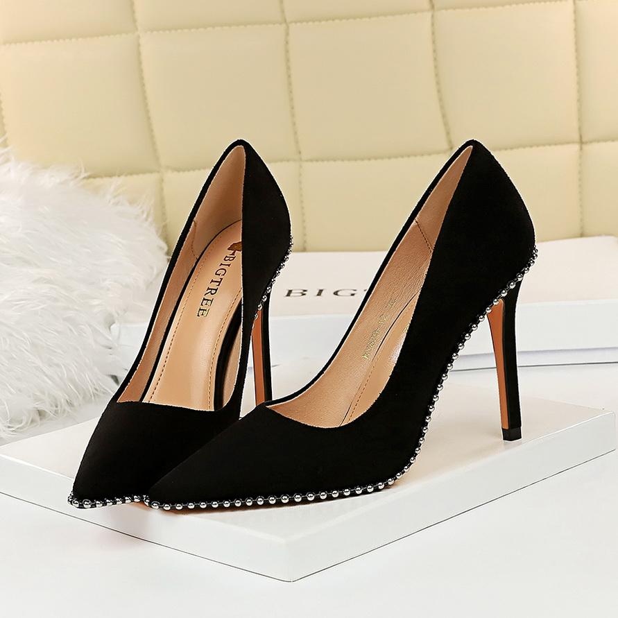 Fashion 2025 New Summer Fashion Women 8cm Or 10.5cm Thin High Heels Pumps Metal Black Pumps Studded Flock Pumps Ladies Valentine Shoes