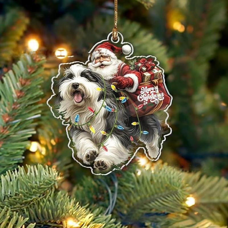 2026 Santa Claus And His Funny Dog Ornament 2D Flat Acrylic Pendant Christmas Decoration For Home Xmas Tree  Year Kerst