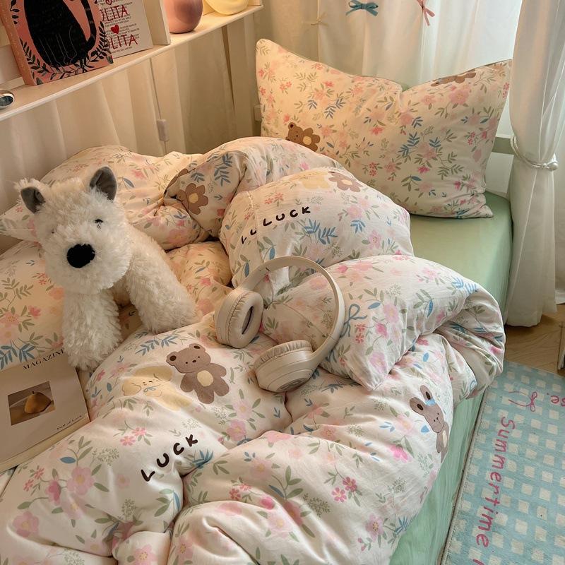 Class A Mother and Baby Grade Pure Washed Cotton Four-piece Set Ins Small Fresh Bed Sheet Quilt Cover Student Dormitory Style Bedding Set