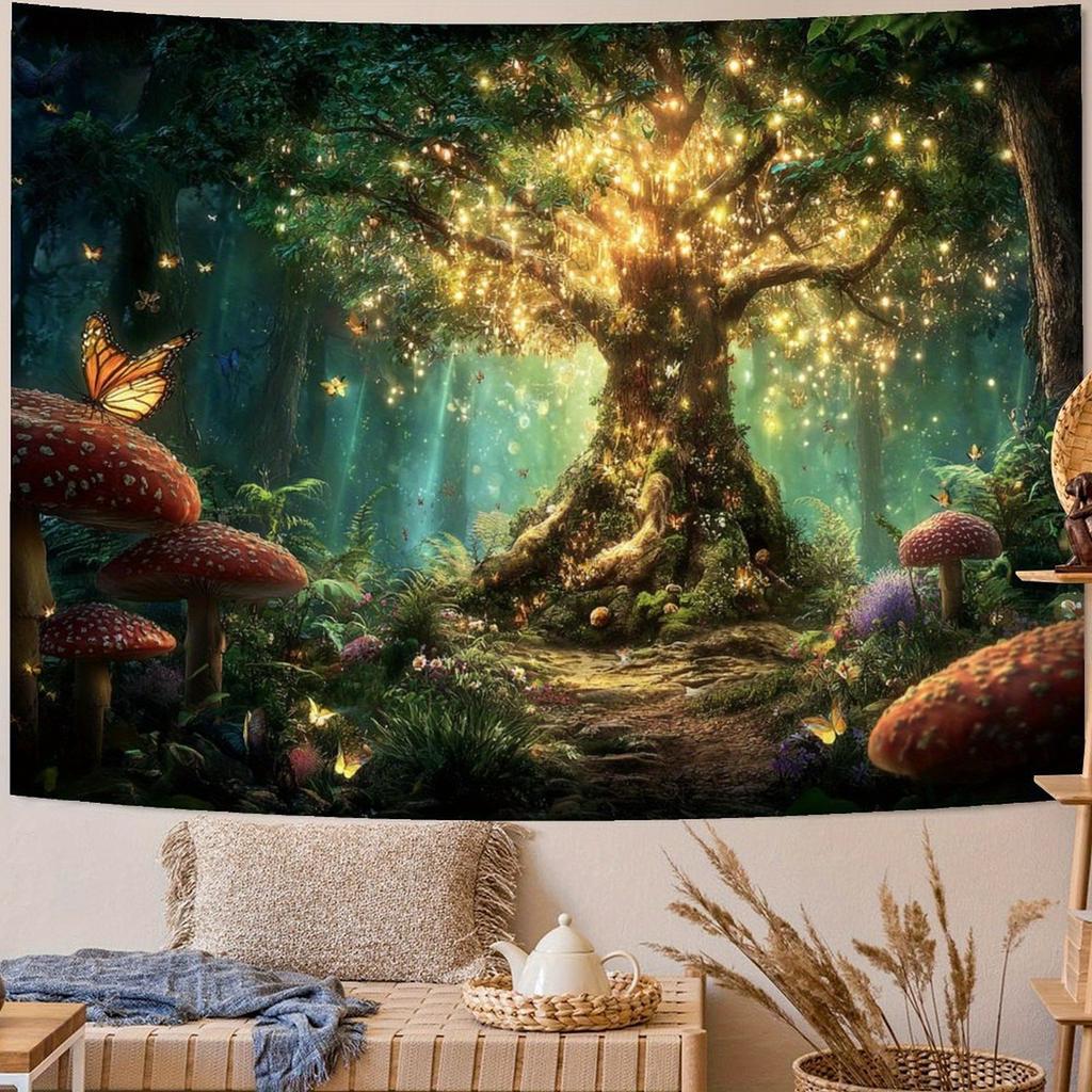 FAXDONG Mystical Forest Tapestry Wall Hanging - Magical Glowing Fairy & Tree with Luminous Mushrooms, Butterflies, Horizontal Large Floor-to-Ceiling M
