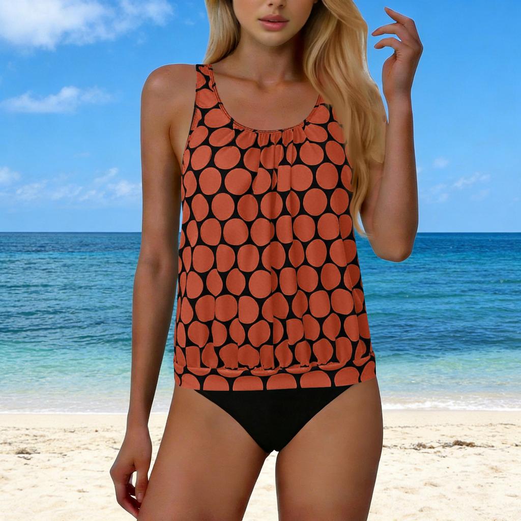 Women's Fashion Sexy Polka Dot Print Round Neck Sleeveless Top  Shorts Split Set Swimsuit