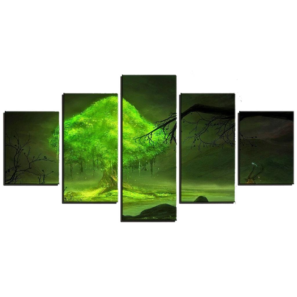 Nástěnné umění Obraz na plátně 5 kusů Zelený Velký strom Plakáty Anime Plant Modular Pictures Home Decor Bedroom Decoration No Frame