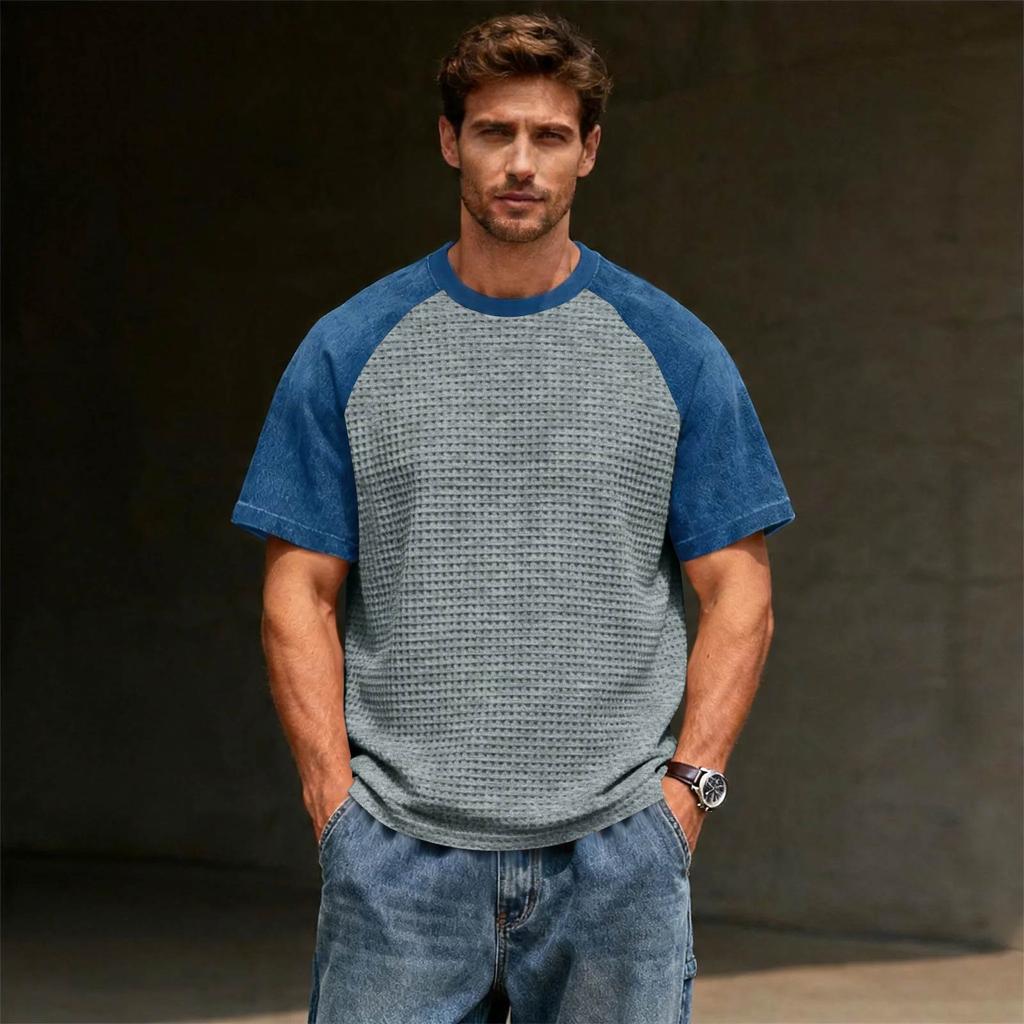 Men's Casual Lightweight Waffle Knit Raglan Short Sleeve Crew Neck Shirt Loose Fit Big Size Top for Everyday Wear