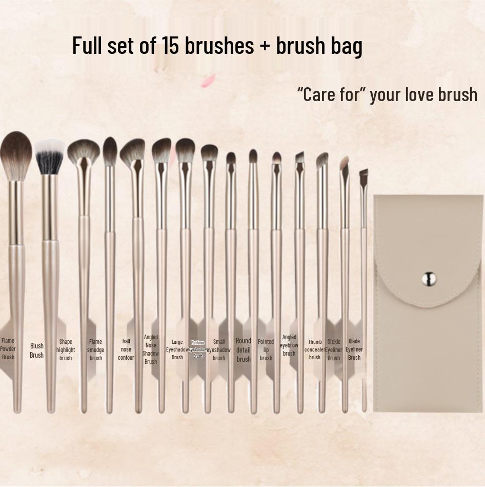 15-piece Makeup Brush Set: Eye, Stippling, Blush, Lip, Scythe-shaped, Eyeshadow, Nose Shadow, Full Setting Brushes