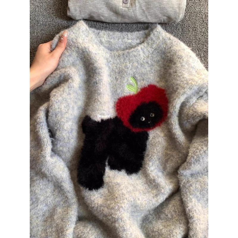 

Gray Puppy round Neck Lazy Wind Shoulder Pullover Sweater Gray L