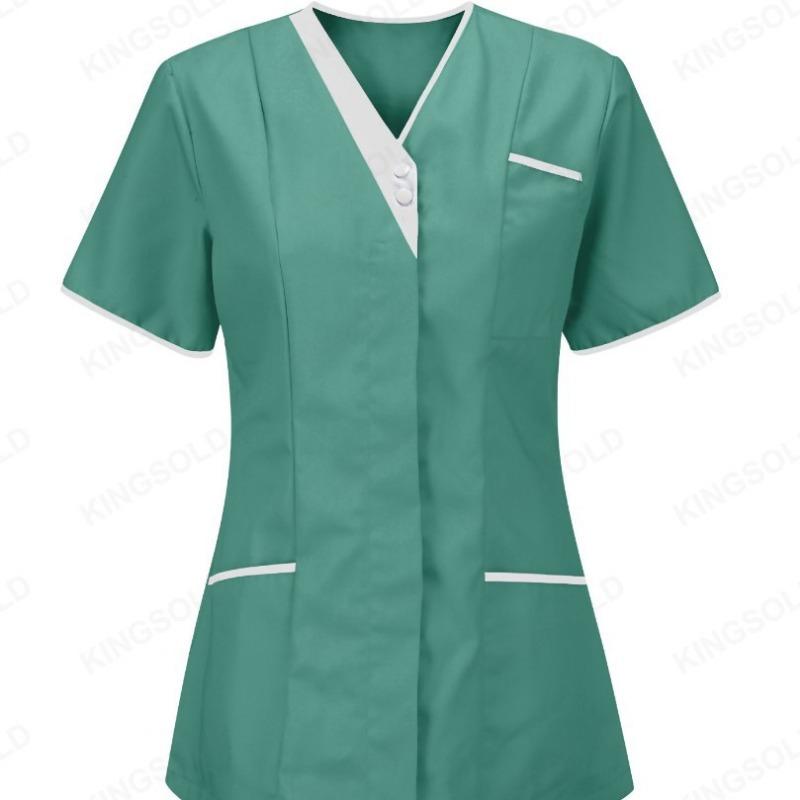 Women Solid Color Short-Sleeve V-neck Top Nurse Work Uniform Pocket Top