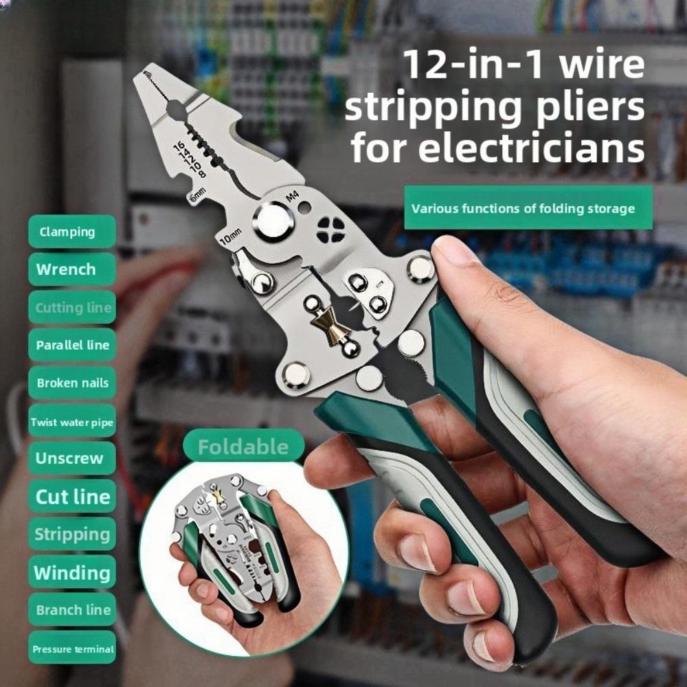 Foldable Multifunctional Lightweight Wire Stripping Pliers 12in1 for Cutting Pressing Winding Household Electrical Use Durable
