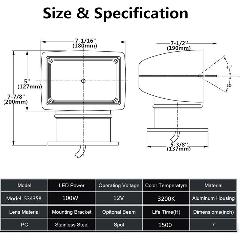 LED Searchlight 12V 100W Remote control 360 degree Rotate Spotlight For Truck Off road SUV Boat Marine Driving Light 1Pcs