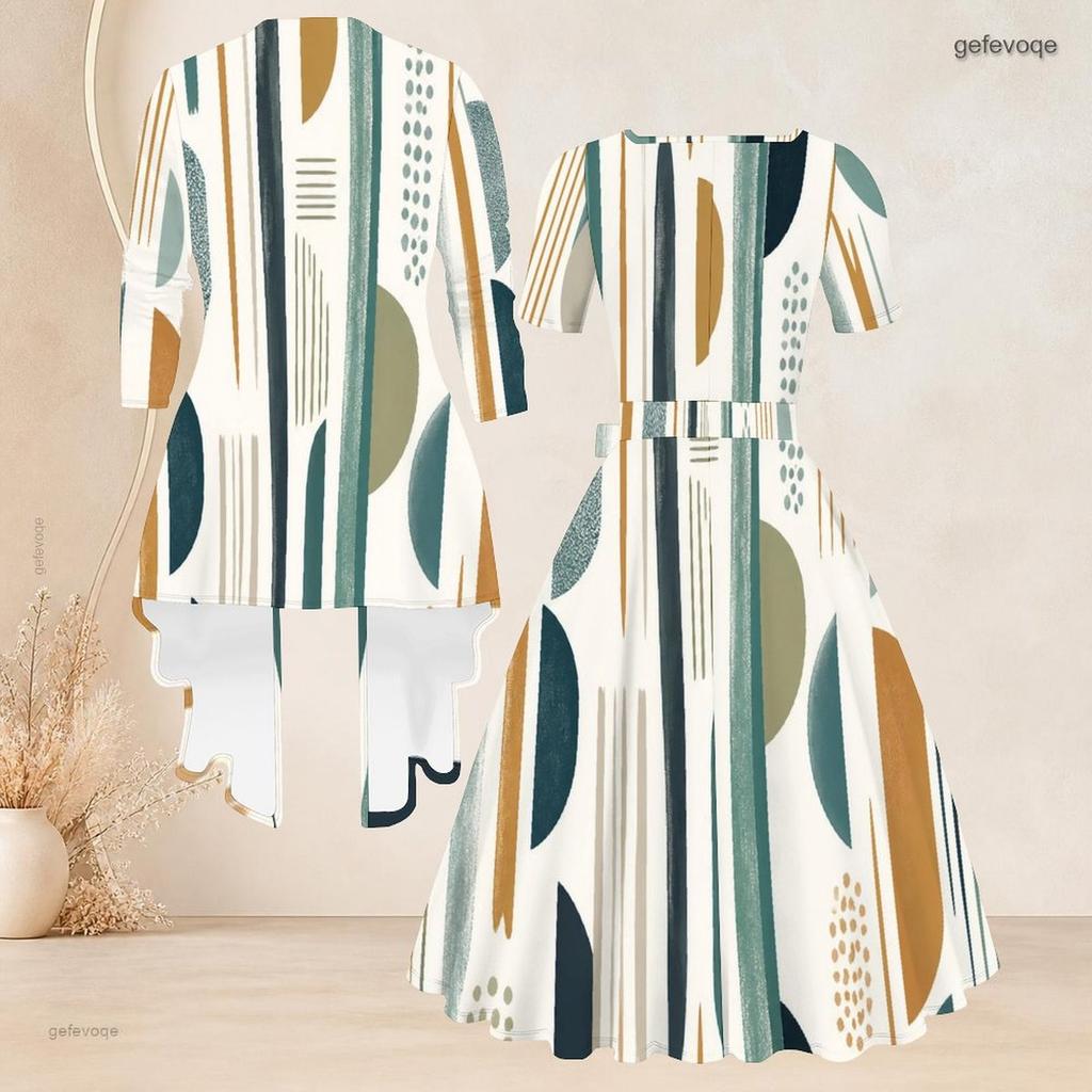Women Plus Size Geometric Printed Two Piece Set Square Neck Short Sleeve Tie Waist Flared Dress And Three Quarter Sleeve Cardigan
