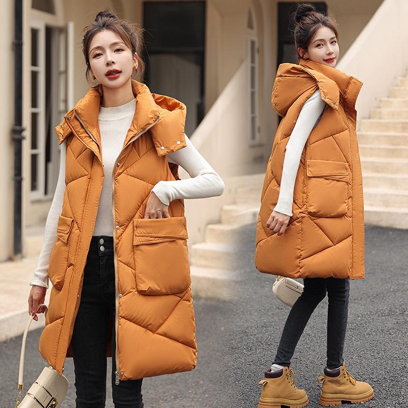 Winter new medium and long large pocket vest thickened hooded vest jacket cotton vest women's trend
