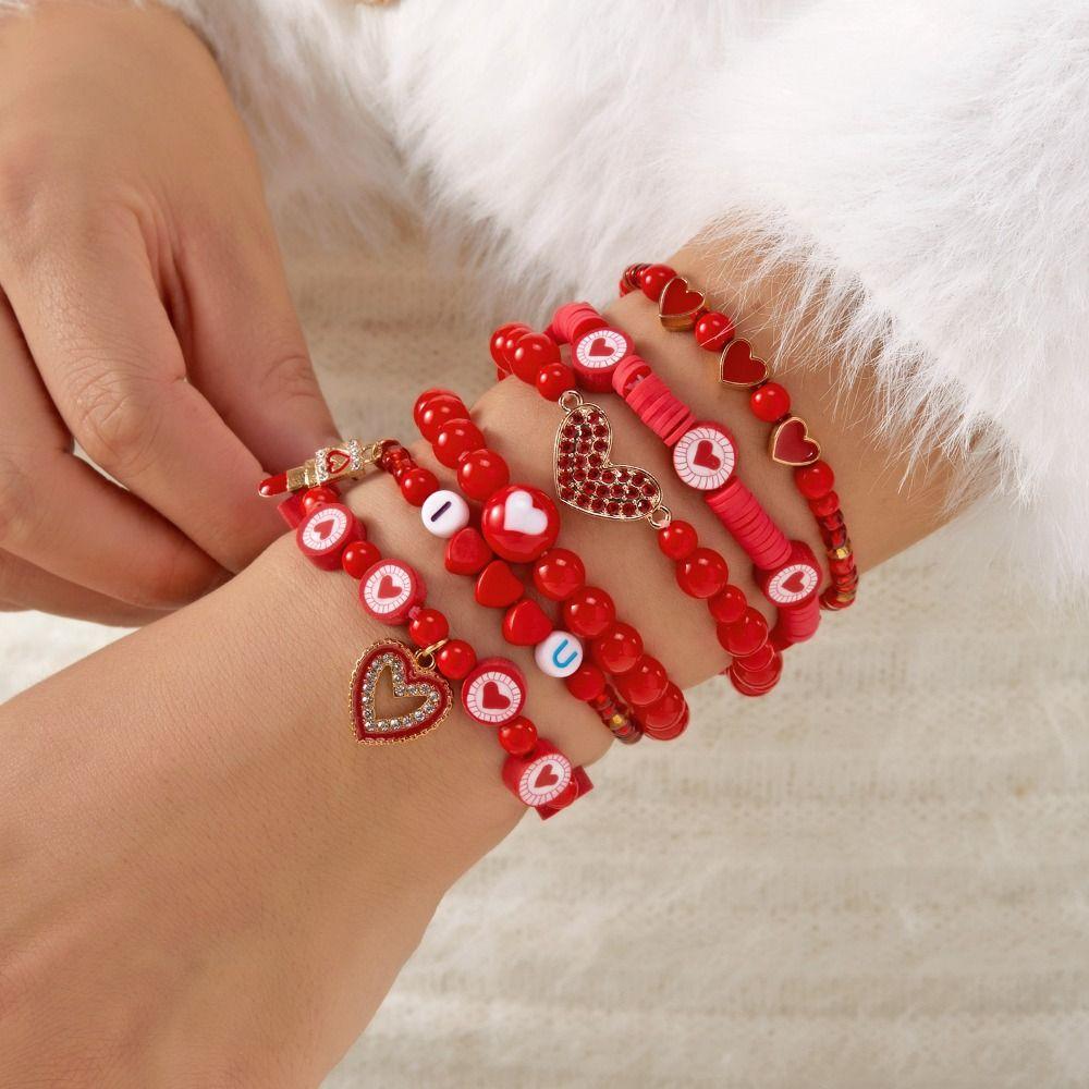 Letters Soft Clay Beaded Bracelet Red Beads Heart Pendant Hand Chain  New Year Gift