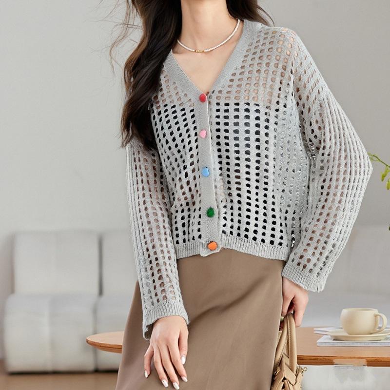 European Station Hollow Loose Outside Thin Cardigan Women's 1116 Summer, Dopamine Knitted Sweater Top
