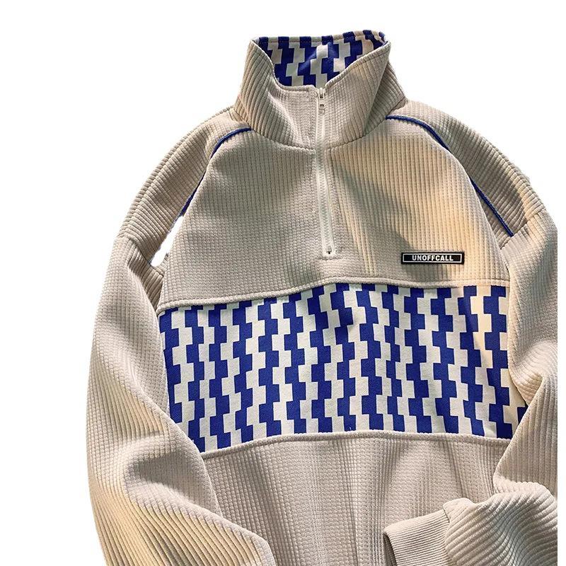 Unisex Retro Checkerboard Half-Zip Polo Sweatshirt - American Style Loose Fit for Fall