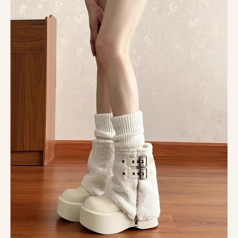 Dicksöhlige Lammwolle mittelhohe Schneestiefel Damen Winter kleine hochhackige Hosen kurze Stiefel Plüsch weiße flauschige Stiefel