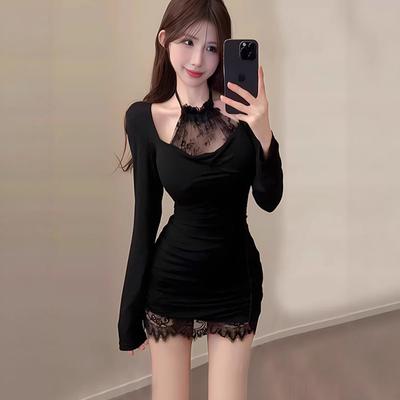 Black Lace Hip Skirt Birthday Party Dress Sexy Royal Sister Wear Little Mother Short Dress Dress Autumn and Winter