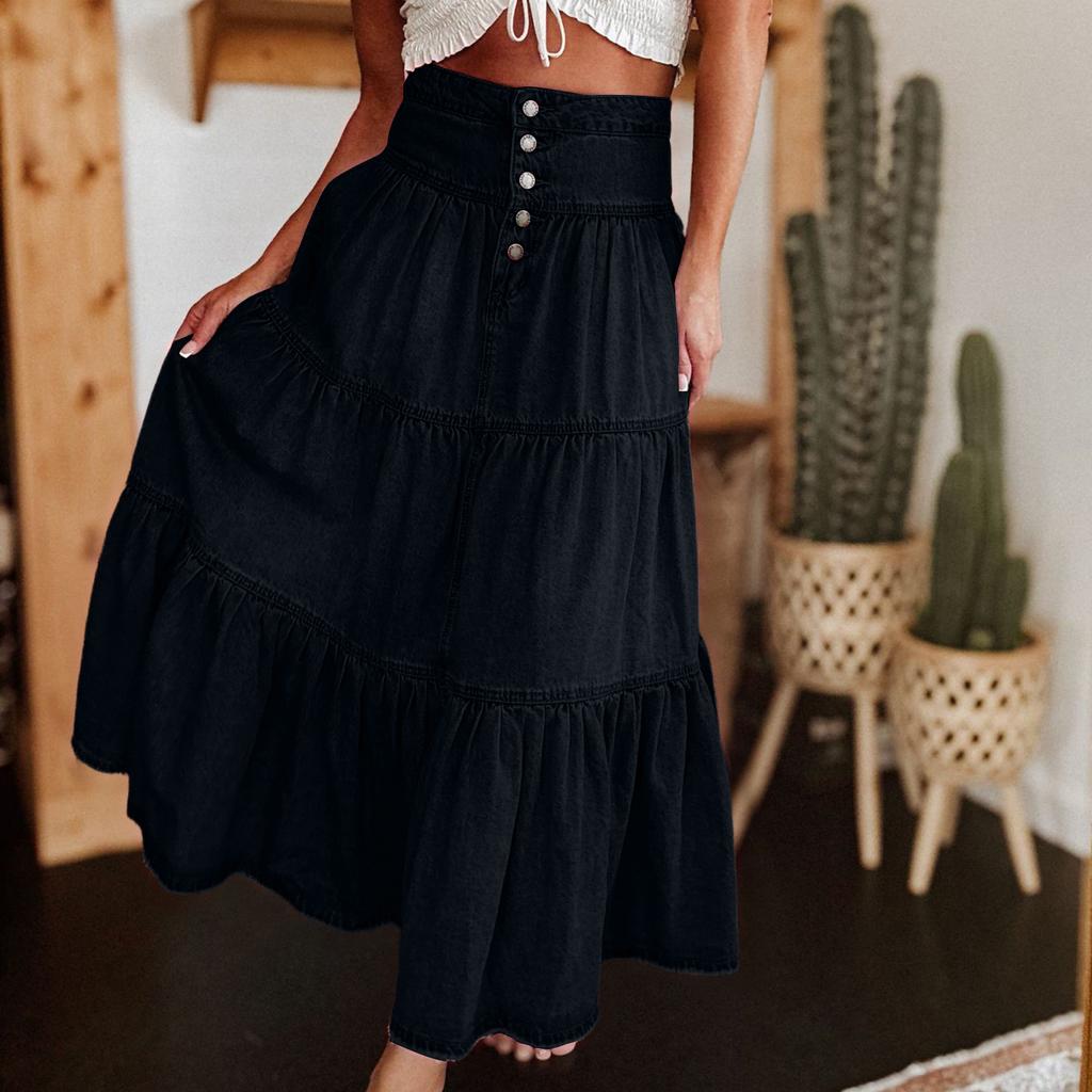Ladies' Fashionable Retro Button Long Denim Skirt
