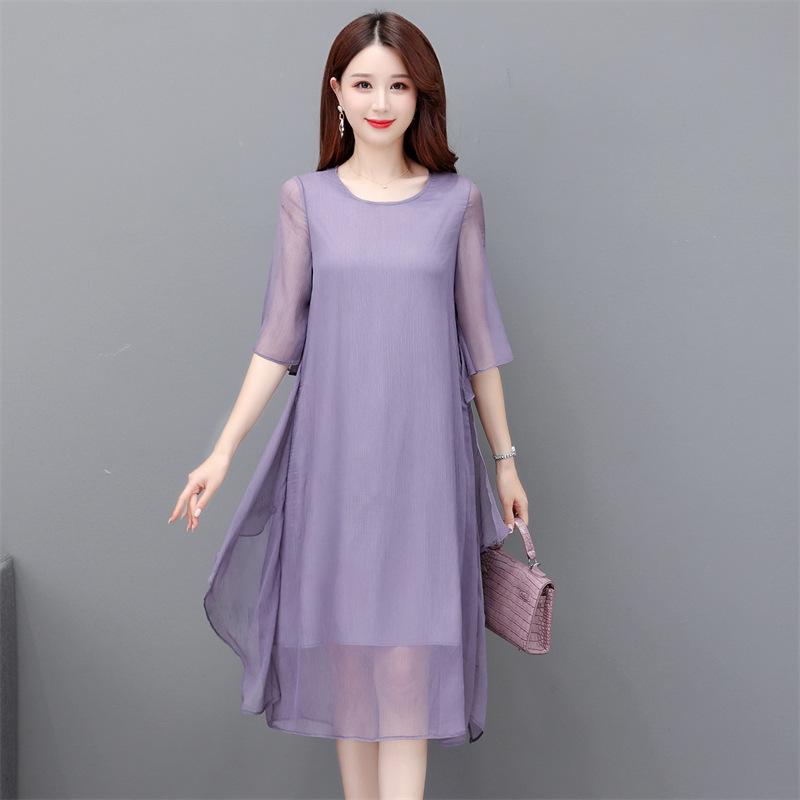 Women's Summer 2023 Silk Crepe A-line Dress: Mid-length, Solid Color, Loose Fit, Tummy-Covering, Fashionable and Elegant.
