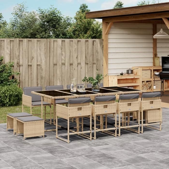 VidaXL Ensemble à Manger de Jardin avec Coussins 13 pcs, Table et Chaises à Dossier Rabattable, Meubles d'Extérieur Patio 3211344