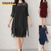 Fashion Summer Spring Solid Color Print 3/4 Sleeves O-Neck Casual Dresses