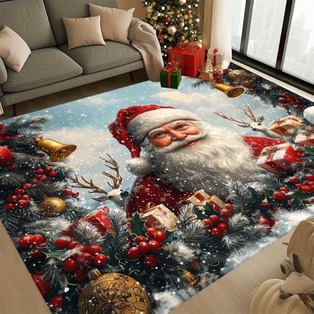 Festive Home Decor Christmas Town Carpet Large Floor Mat With Santa Claus Reindeer Elves Graphic Prints Winter Area Rug