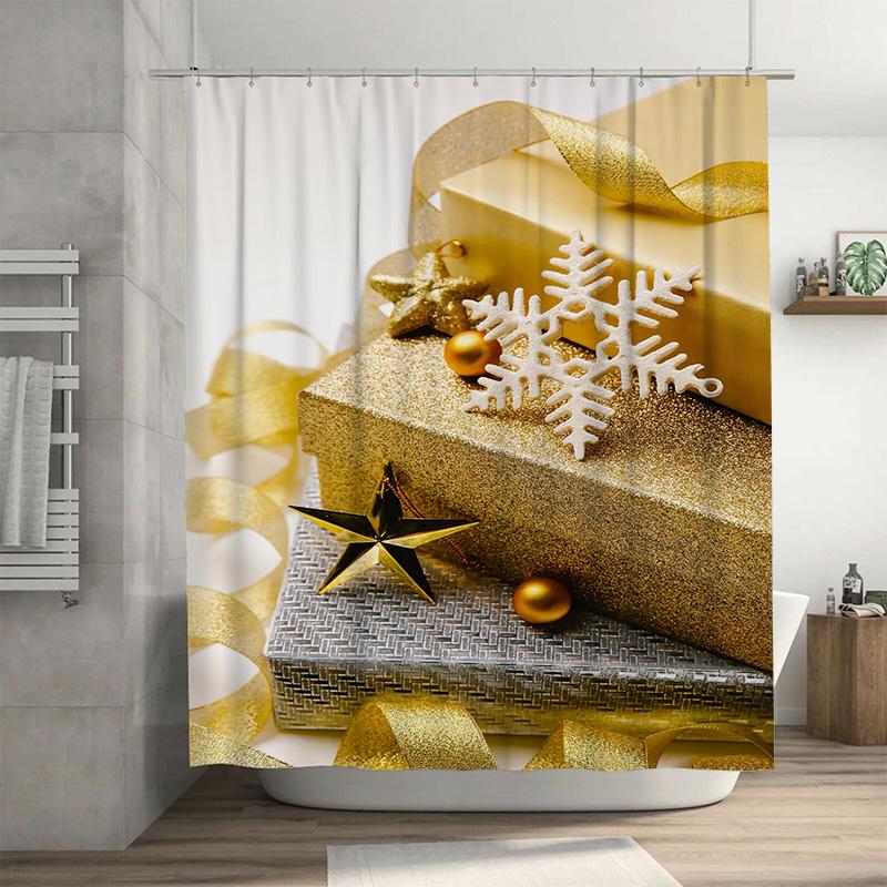 

Tuniu Charming Golden Snowflake Winter Shower Curtain Set Festive Holiday Bathroom Decor Cute Waterproof Fabric Backdrop W60H190(CM)-1 Pcs