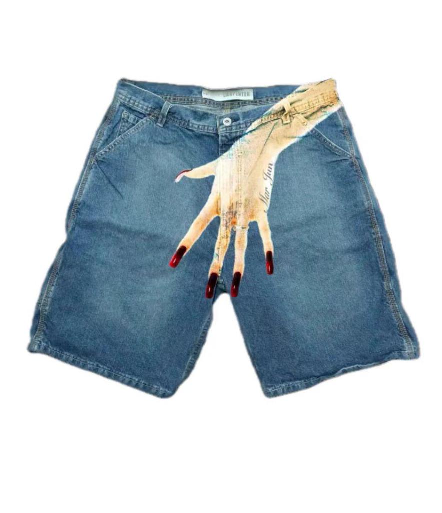 "Men's Y2K Hip-Hop Trend Pattern Denim Shorts - European and American High Street Fashion for Couples"