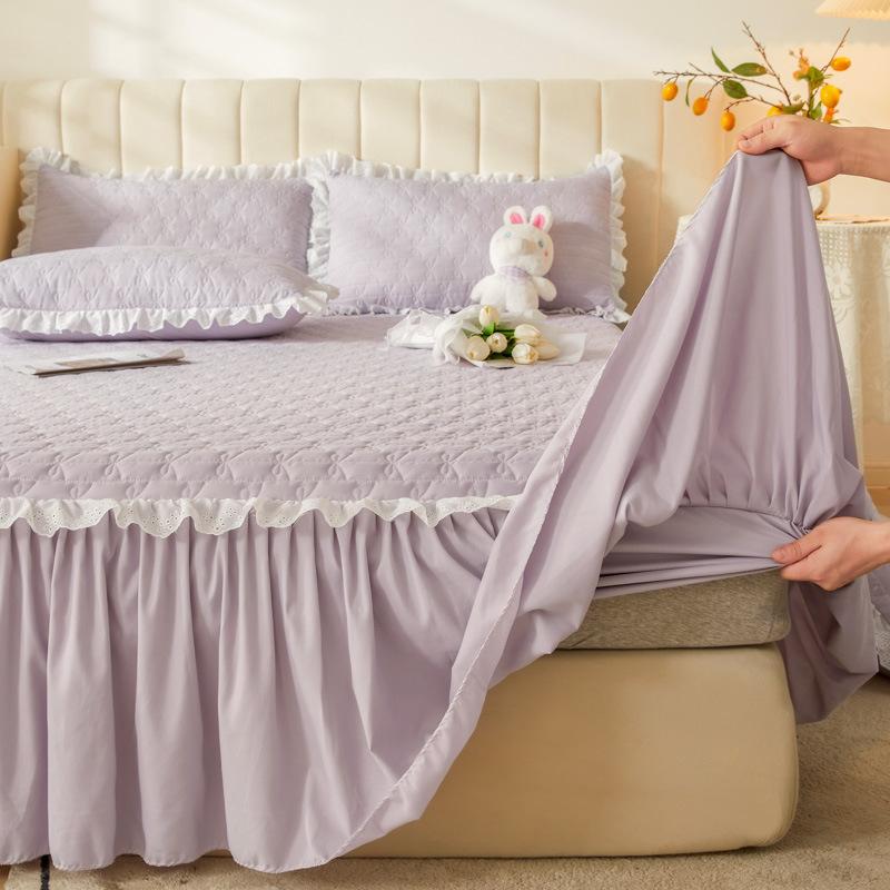Premium Thickened Baby Velvet Bed Skirt Three Piece Set Warm Milk Velvet Embroidered Ruffle Bed Cover, Sealy Mattress Protector, Anti-Slip Bedding Set