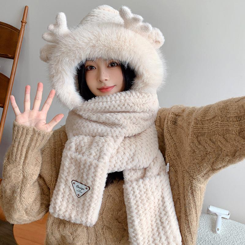 Hat Women's New Winter Cute Scarf Gloves Plush Hat Integrated Thickened Warm Elk Hat Three-piece Set