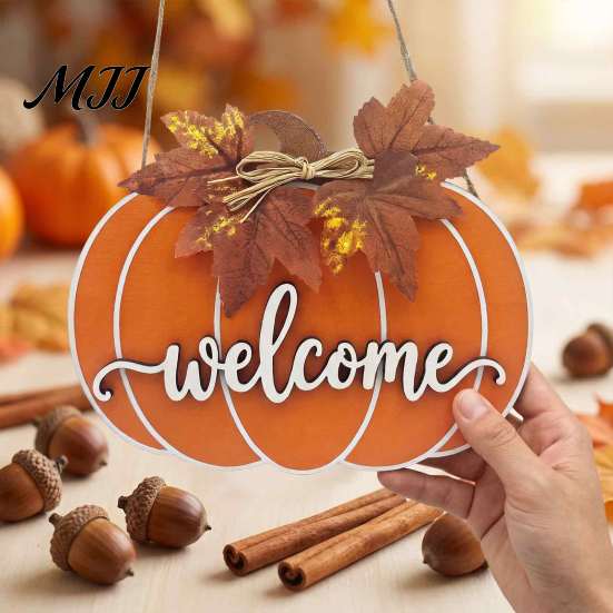 Fall Harvest Theme Ornaments Wooden Pumpkin Welcome Sign for Front Door, Rustic Hanging Pendant with Outdoor Seasonal Entryway Ornament 3D Embossed