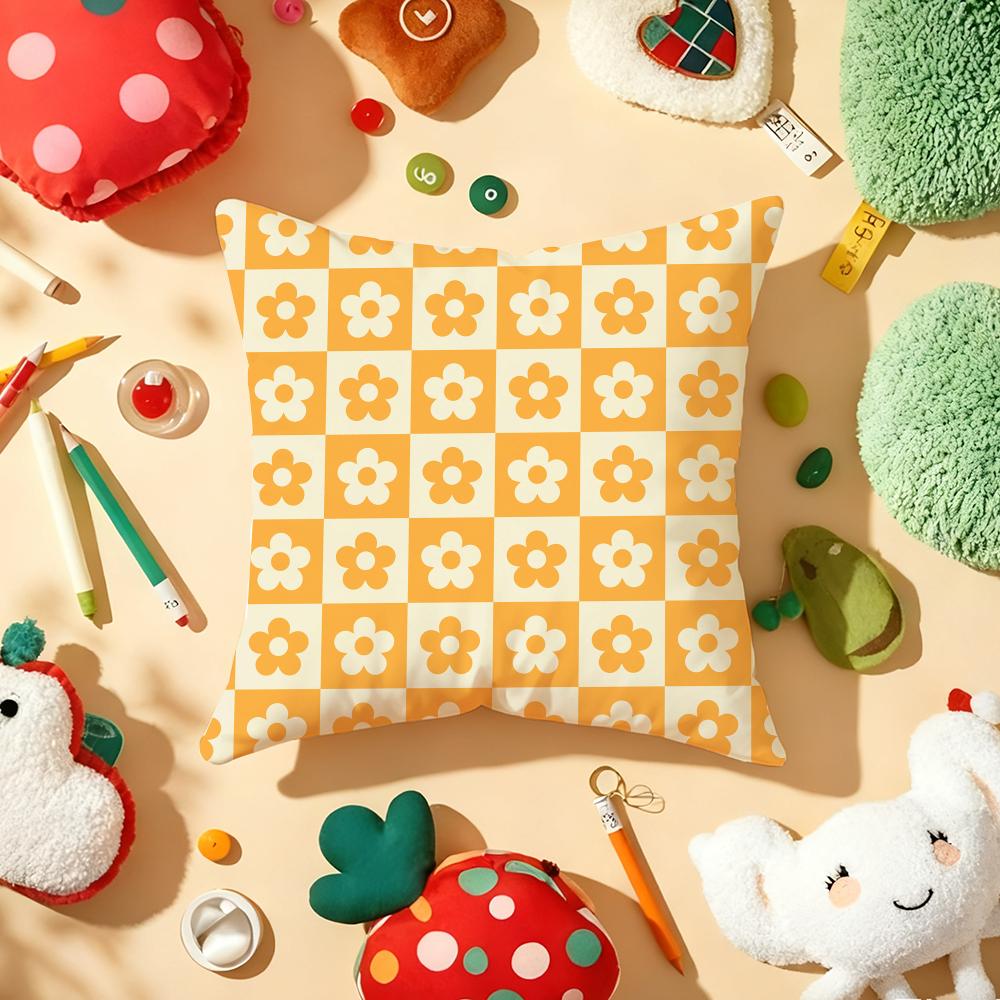 Checkered Flower Pattern Pillow Case Plush Fabric Soft Double-Sided Printed Sofa Warm Winter Home Gift Cushion Cover