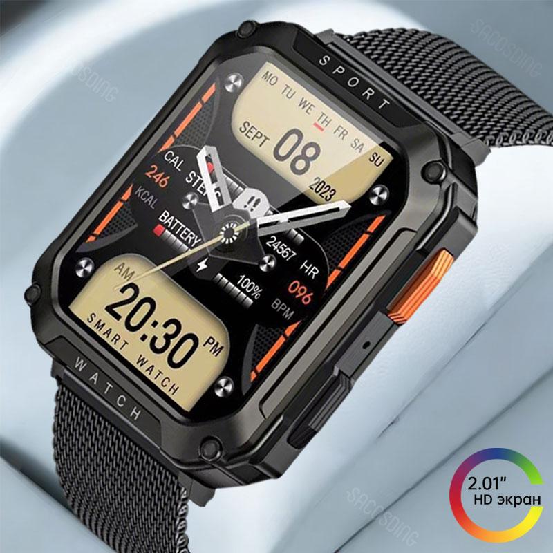 2025 New Smartwatch 2.01 Inch Men's Outdoor Rugged Military BT Call Smart Watch Sports Fitness Tracker Heart Rate Monitor For Android IOS